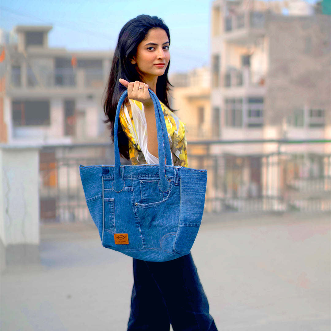 EcoFreaky Upcycled Denim Fashion Tote Bag | Vegan Women Tote bag - EcoFreaky