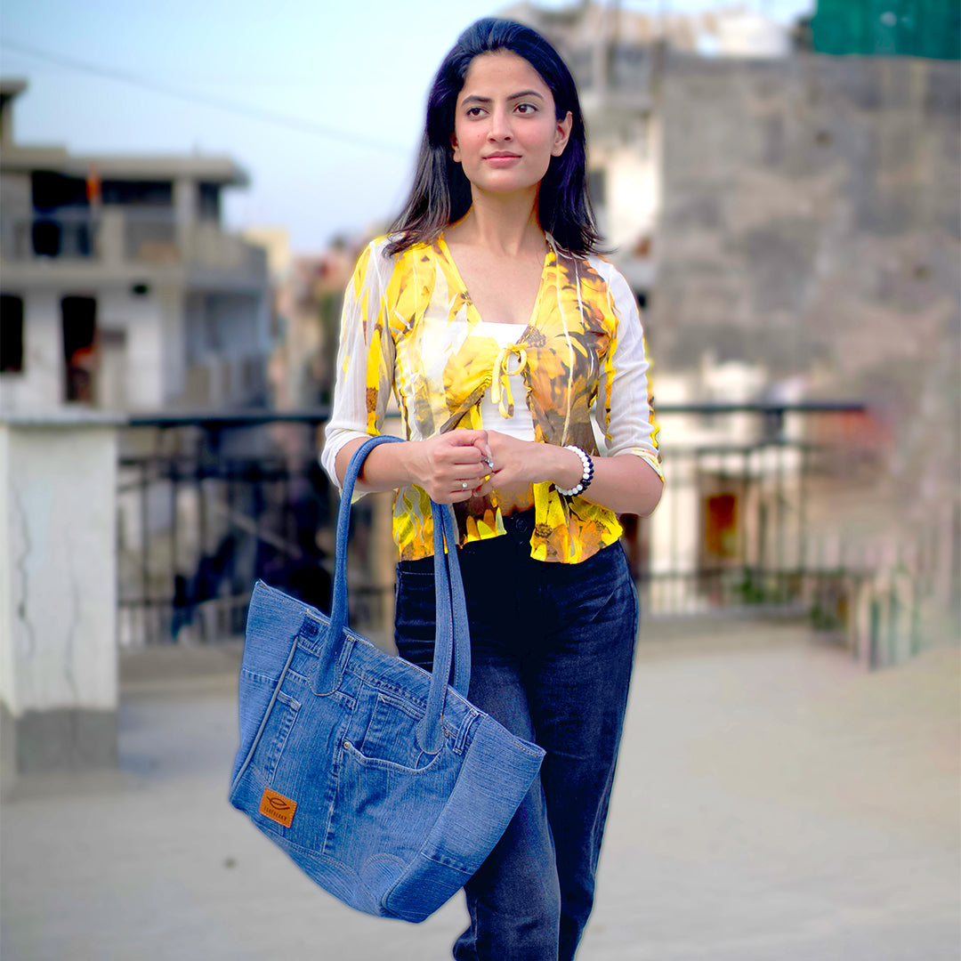 EcoFreaky Upcycled Denim Fashion Tote Bag | Vegan Women Tote bag - EcoFreaky