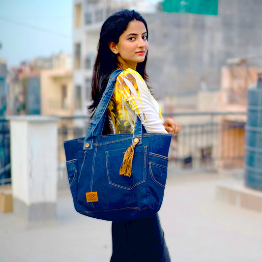 EcoFreaky Upcycled Denim Travel Tote Bag | Vegan Women Tote bag - EcoFreaky