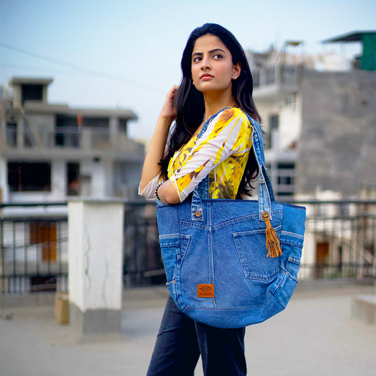 EcoFreaky Upcycled Denim Travel Tote Bag | Vegan Women Tote bag - EcoFreaky