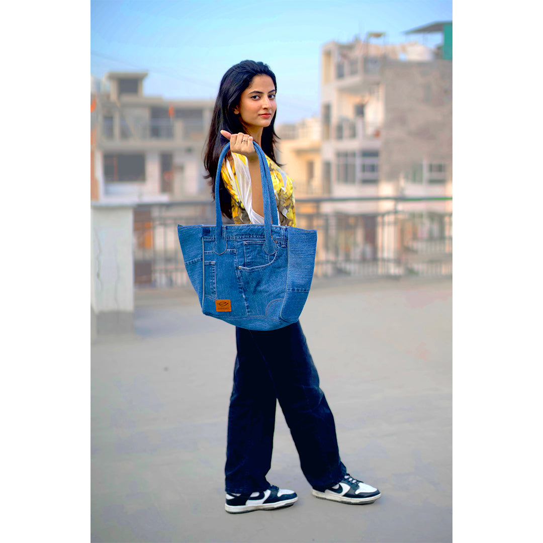 EcoFreaky Upcycled Denim Fashion Tote Bag | Vegan Women Tote bag - EcoFreaky
