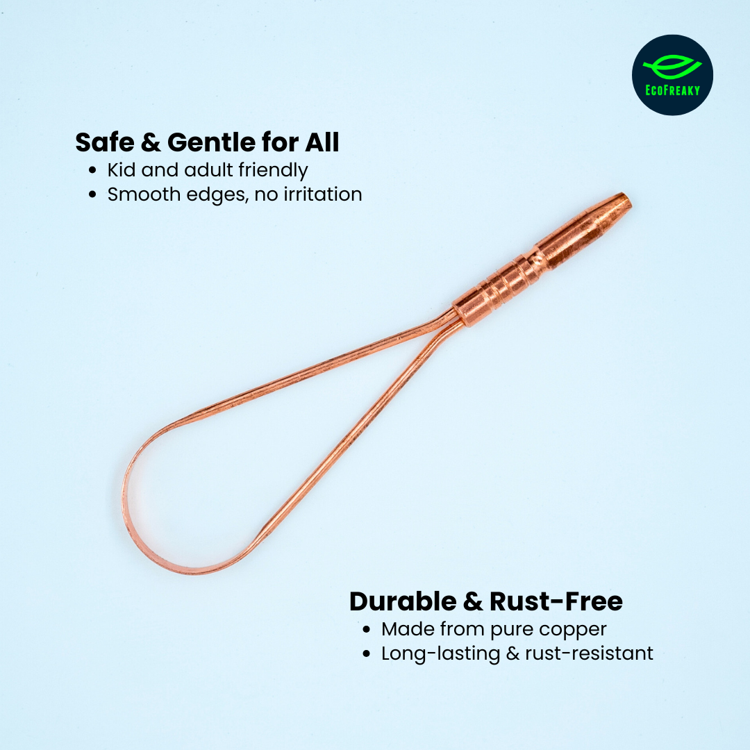 EcoFreaky Copper Tongue Cleaner | Gentle & Hygienic Tongue Scraper for Bad Breath, Fresh Breath & Oral Health | Easy Grip Design | Kids & Adults - EcoFreaky