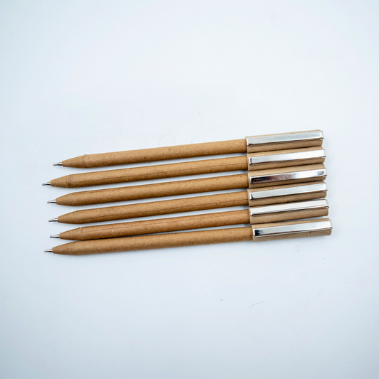 Plastic-free ball pen with recycled paper barrel and durable metal clip. Smooth everyday writing, eco-friendly choice. Available in multipacks.