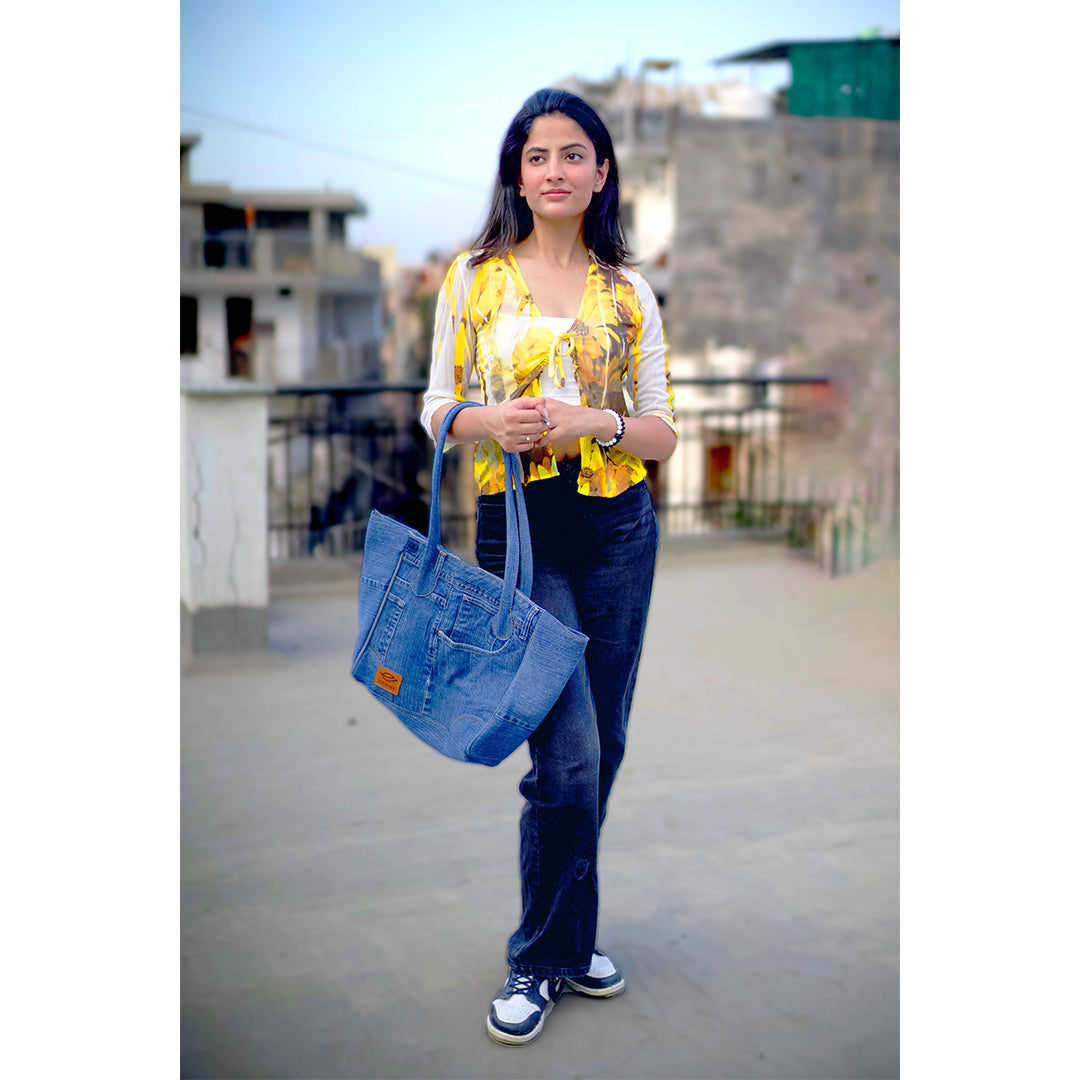 EcoFreaky Upcycled Denim Fashion Tote Bag | Vegan Women Tote bag - EcoFreaky