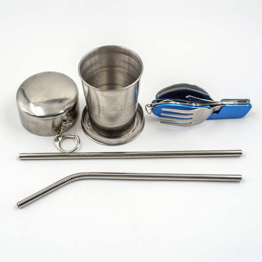 Eco-Friendly Travel Combo – Foldable Glass, Steel Straw & Reusable Cutlery Set . 25% off