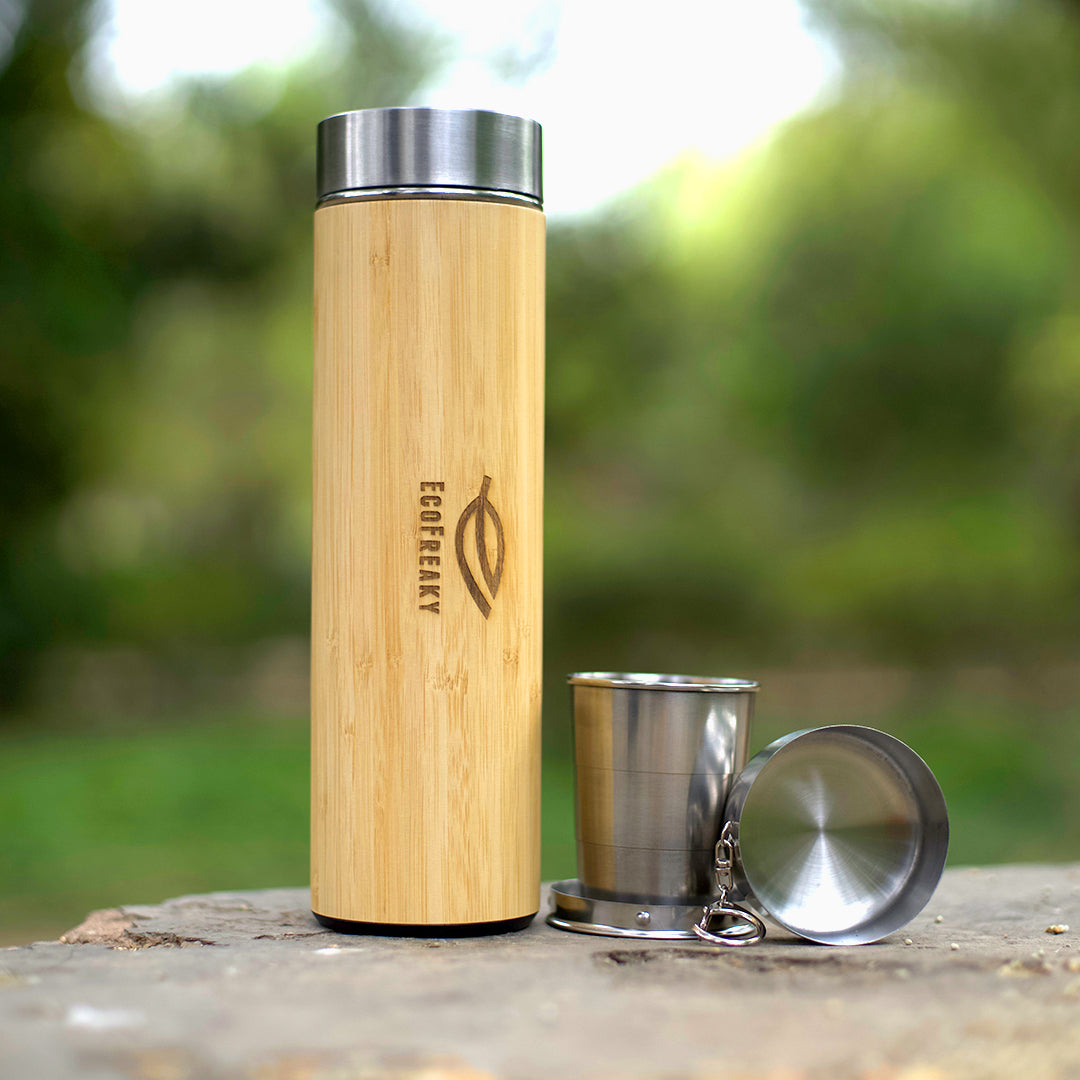 EcoFreaky's Bamboo Bottle | With a Tea Filter & Foldable Steel Glass - EcoFreaky