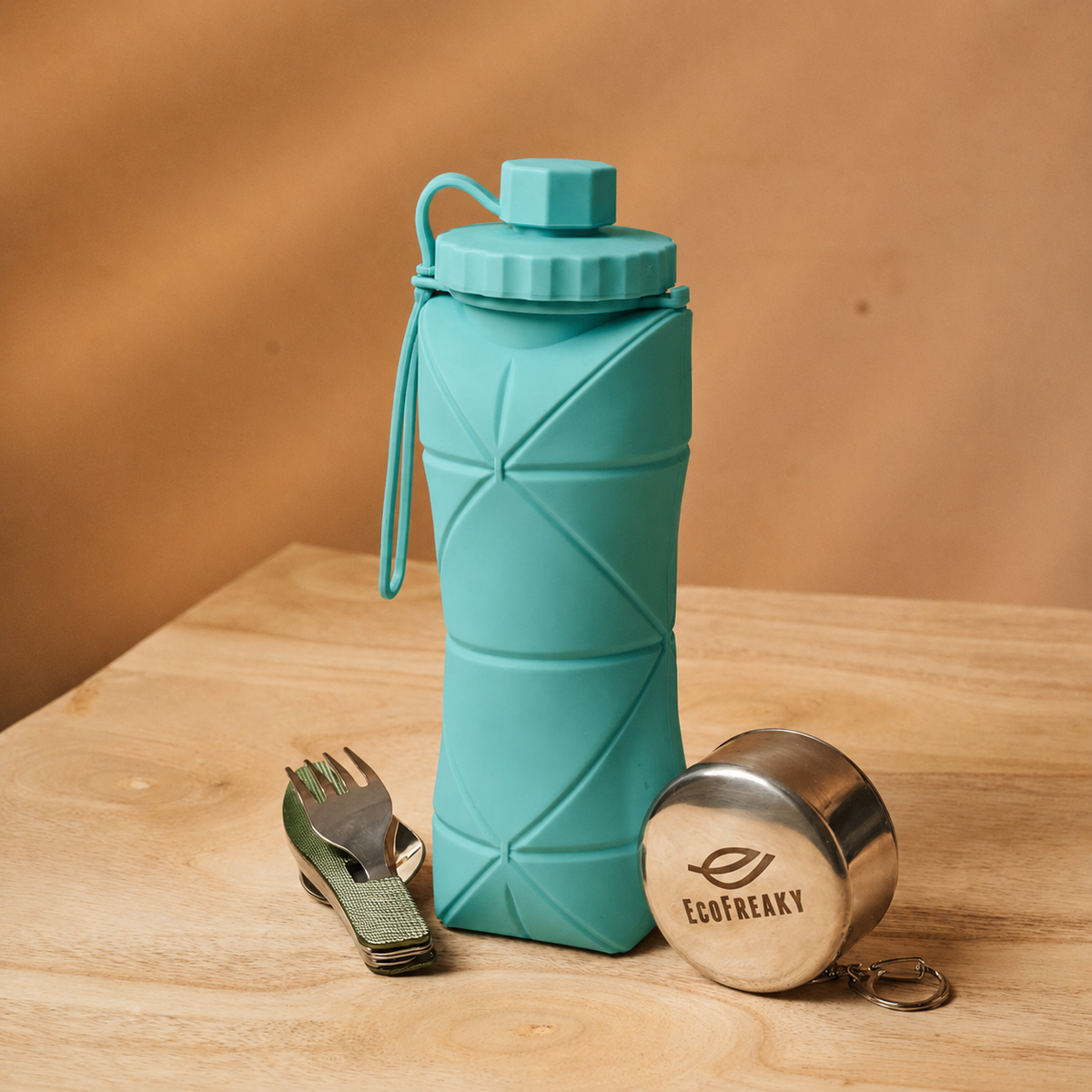 EcoFreaky Travel Essentials Combo Kit | Foldable Glass + Cutlery Set + Collapsible Bottle