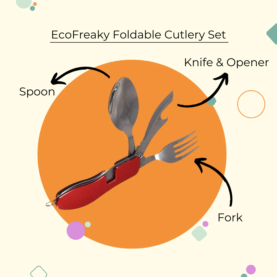EcoFreaky Outdoor Essentials Combo – Foldable Cutlery + Stainless Steel Glass