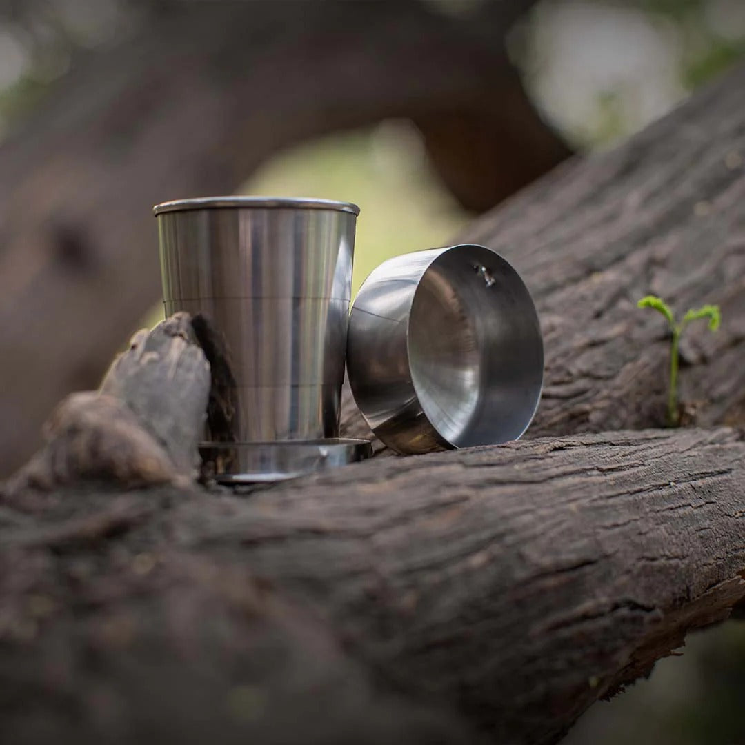 EcoFreaky Outdoor Essentials Combo – Foldable Cutlery + Stainless Steel Glass