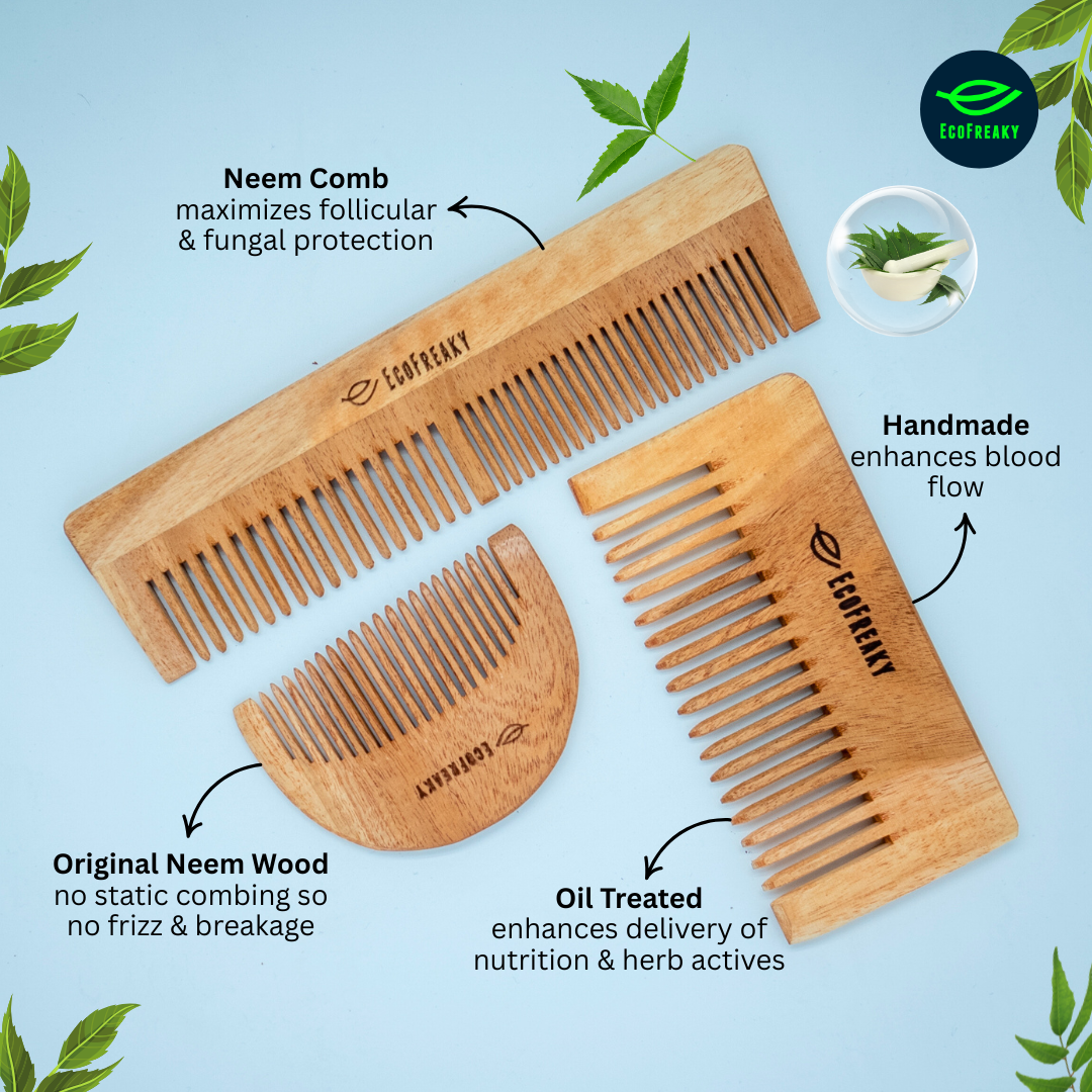 EcoFreaky Natural Neem Comb Set – Anti-Frizz, Scalp Boosting - EcoFreaky