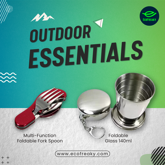 EcoFreaky Outdoor Essentials Combo – Foldable Cutlery + Stainless Steel Glass