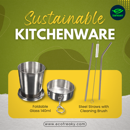 EcoFreaky Sustainable Kitchenware Combo – Foldable Glass + Steel Straws