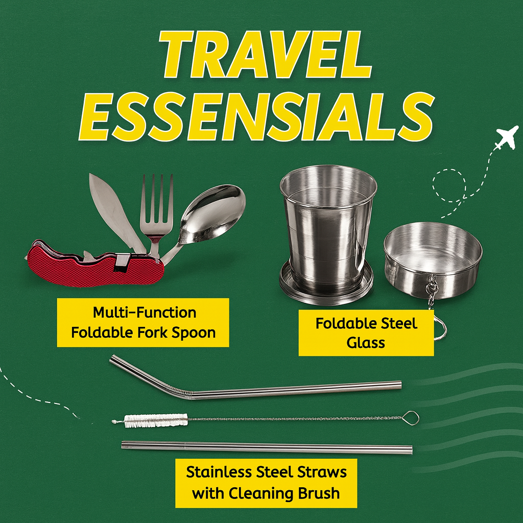 Eco-Friendly Travel Combo – Foldable Glass, Steel Straw & Reusable Cutlery Set . 25% off