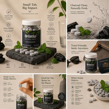Bristlo Charcoal Mint Tooth Tabs | Plastic-Free & Sustainable Toothpaste Tablets