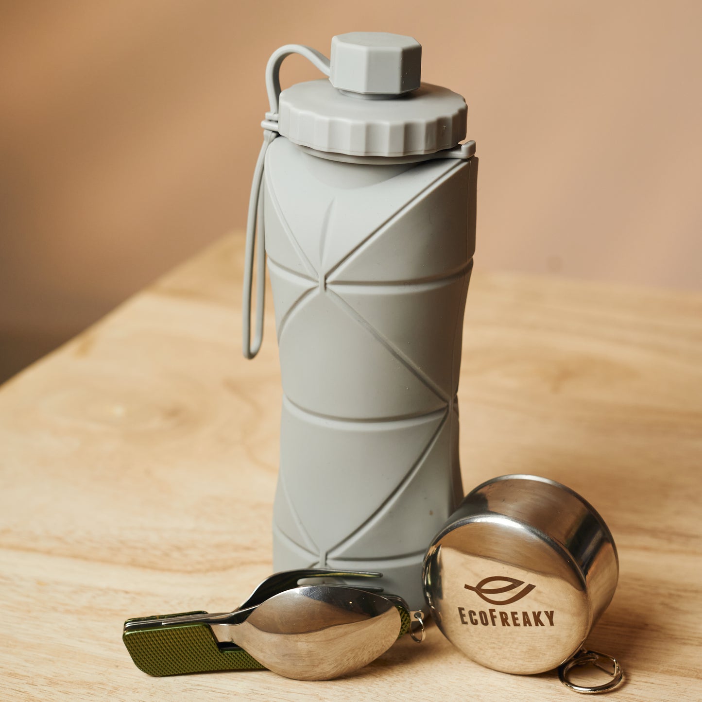 EcoFreaky Travel Essentials Combo Kit | Foldable Glass + Cutlery Set + Collapsible Bottle