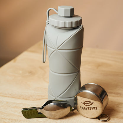 EcoFreaky Travel Essentials Combo Kit | Foldable Glass + Cutlery Set + Collapsible Bottle