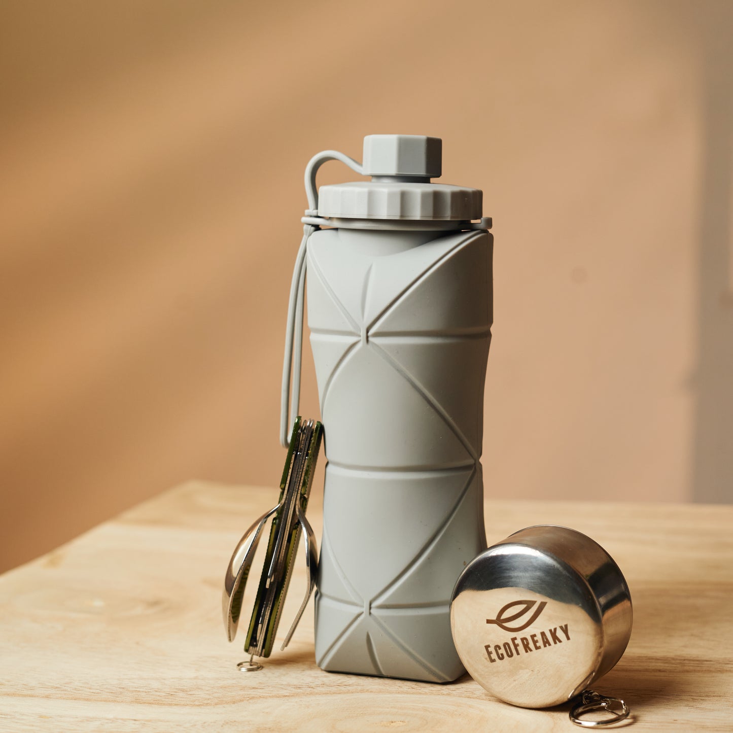 EcoFreaky Travel Essentials Combo Kit | Foldable Glass + Cutlery Set + Collapsible Bottle