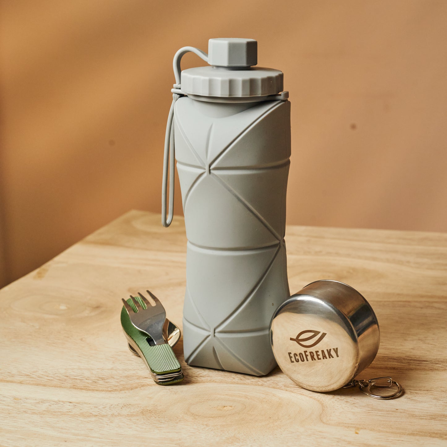 EcoFreaky Travel Essentials Combo Kit | Foldable Glass + Cutlery Set + Collapsible Bottle