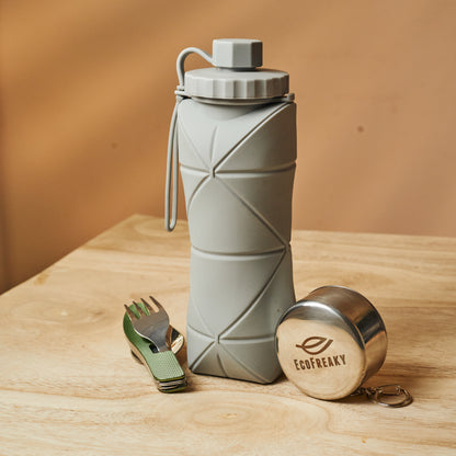 EcoFreaky Travel Essentials Combo Kit | Foldable Glass + Cutlery Set + Collapsible Bottle