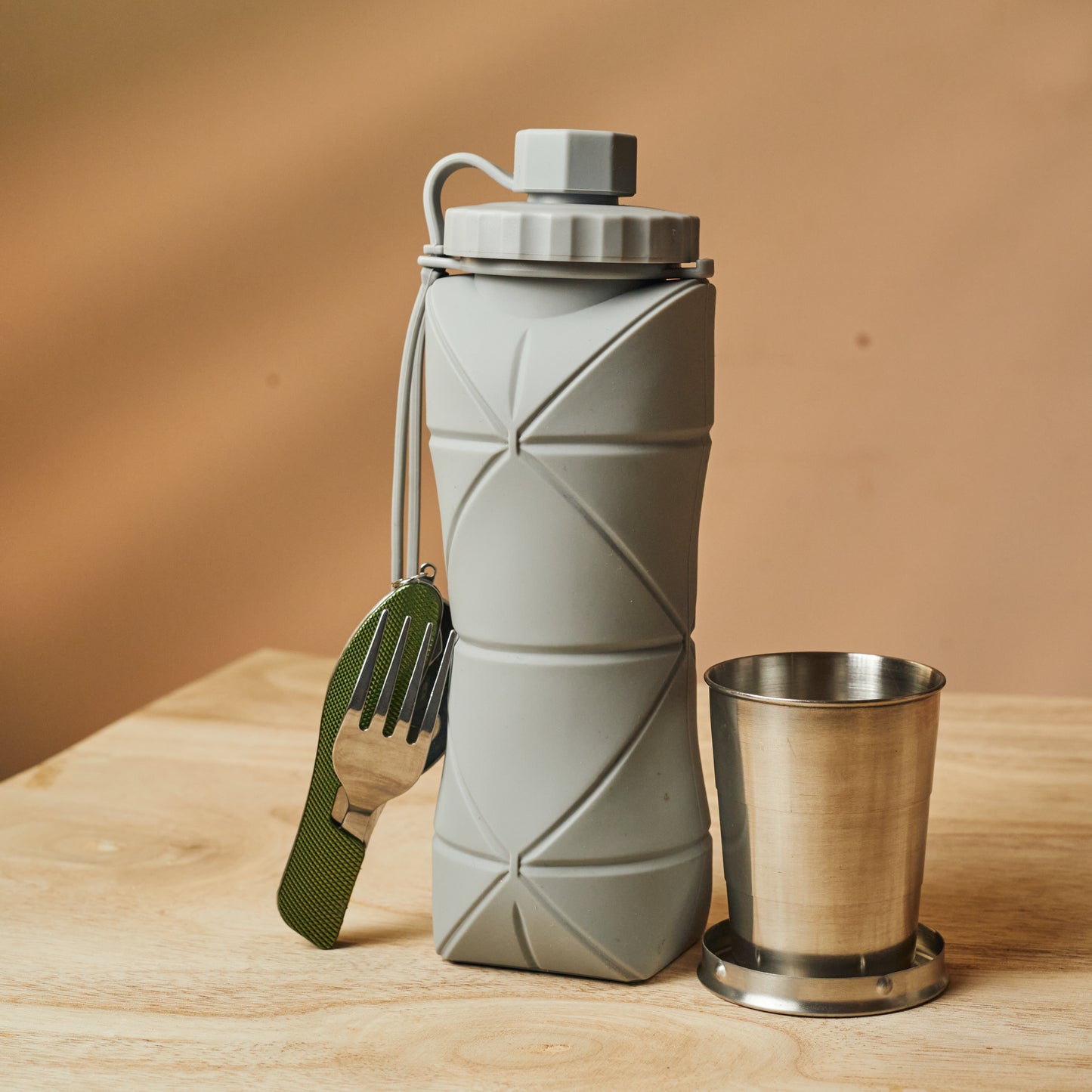 EcoFreaky Travel Essentials Combo Kit | Foldable Glass + Cutlery Set + Collapsible Bottle