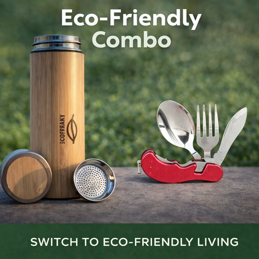 Eco-Friendly Bamboo Bottle & Stainless Steel Foldable Cutlery Combo | Reusable Travel Set