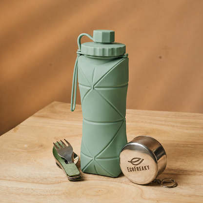 EcoFreaky Travel Essentials Combo Kit | Foldable Glass + Cutlery Set + Collapsible Bottle