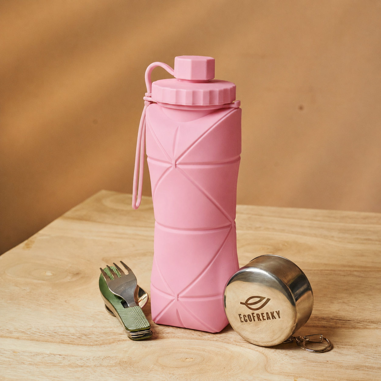 EcoFreaky Travel Essentials Combo Kit | Foldable Glass + Cutlery Set + Collapsible Bottle