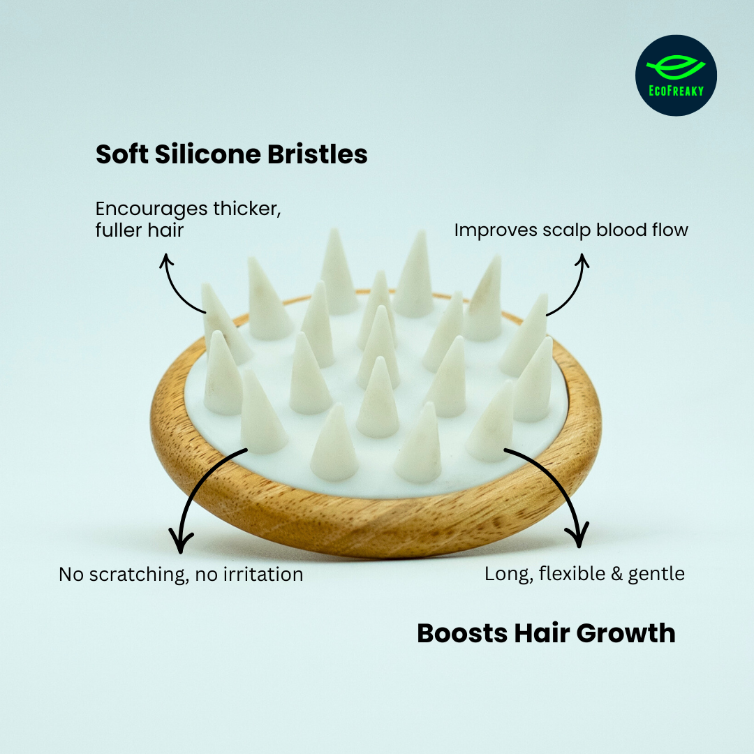 Natural Wooden Scalp Massager with soft silicone bristles
